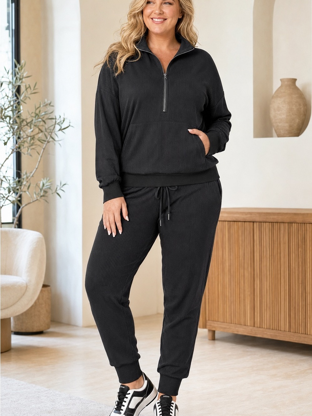 Women’s L Black Ribbed 2-Piece Jogger Set Half-Zip Pullover NWT